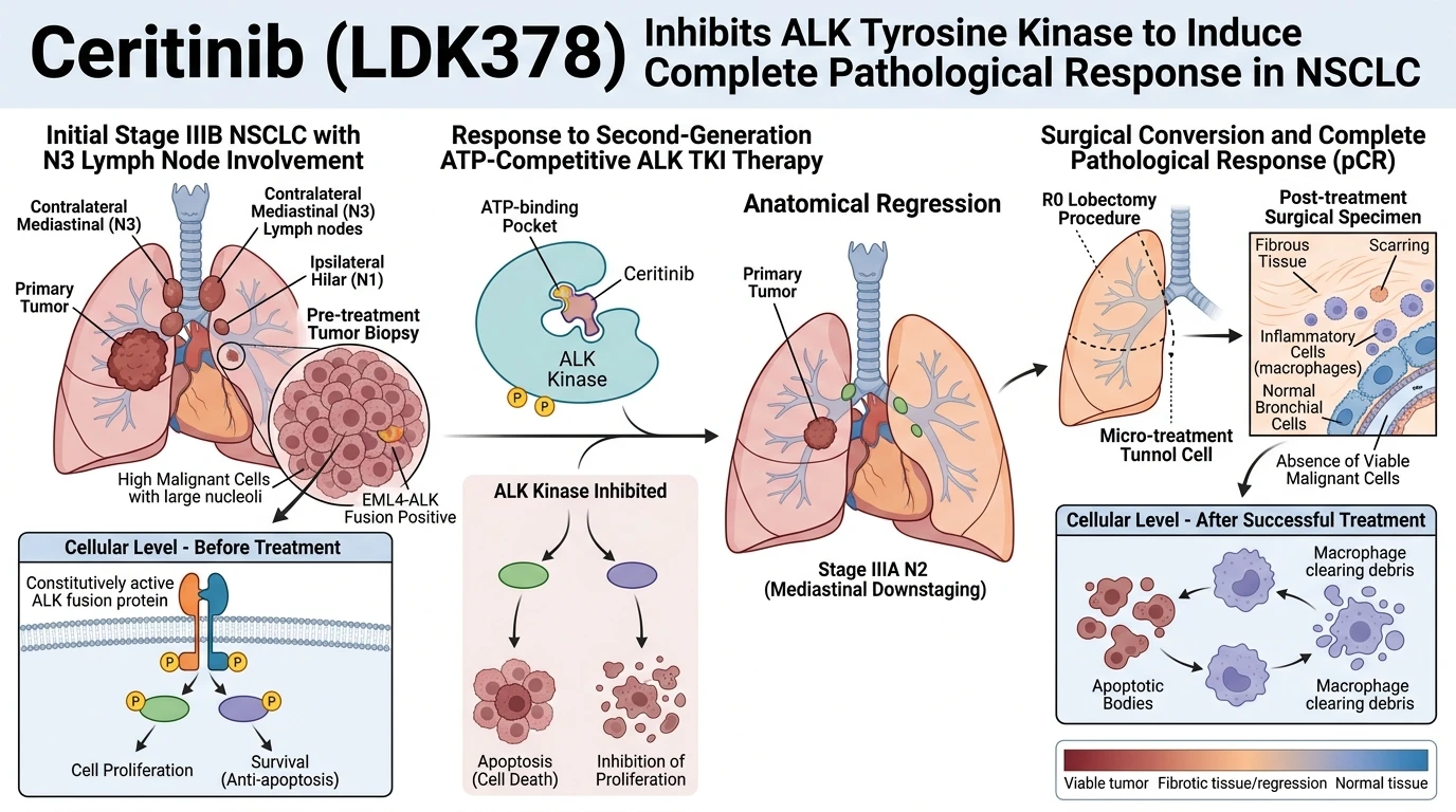 Schematic diagram of ALK PI3K AKT mTOR signaling pathway inhibition by ceritinib in cancer cells