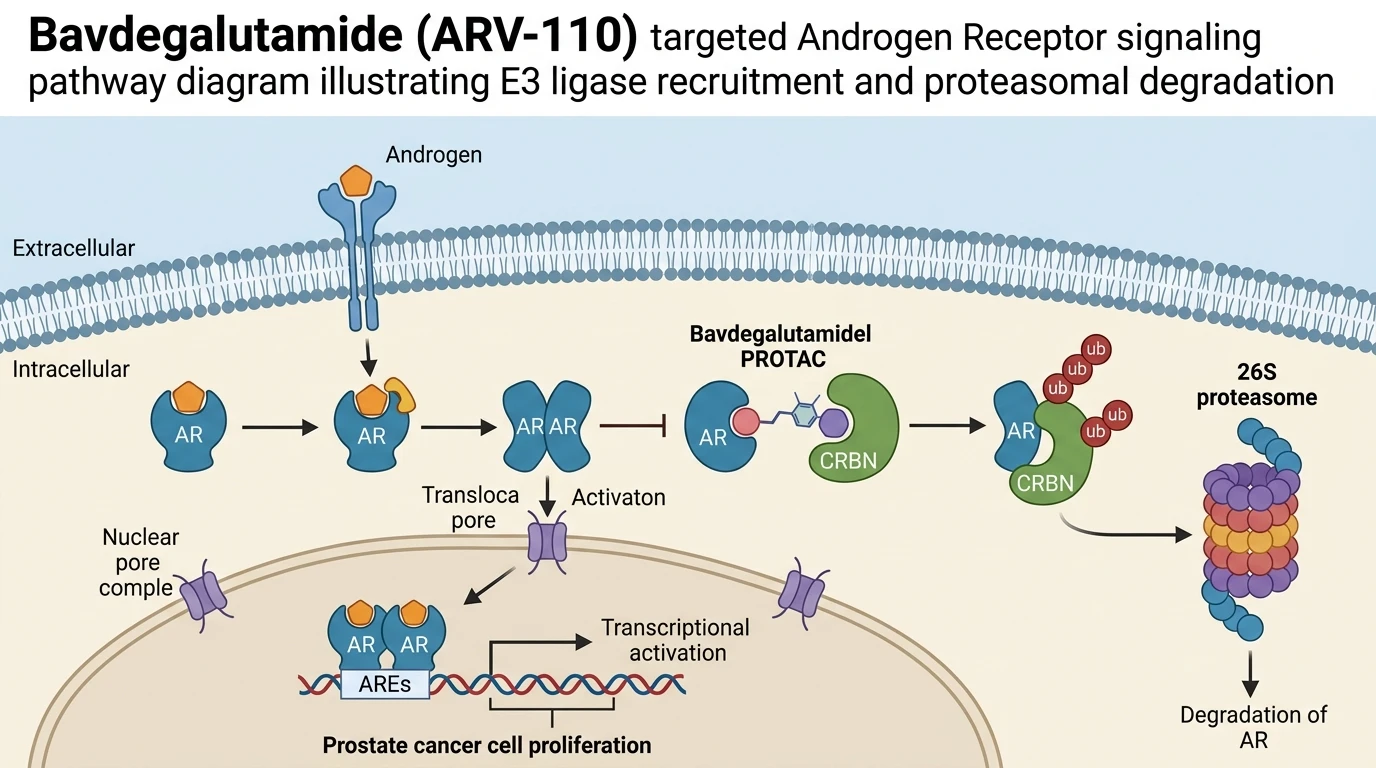 Bavdegalutamide ARV-110 targeted Androgen Receptor signaling pathway diagram illustrating E3 ligase recruitment and proteasomal degradation