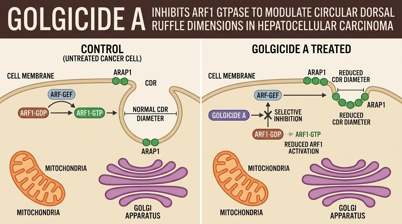 Schematic diagram of ARF1 membrane trafficking actin cytoskeleton pathway inhibition during circular ruffle formation