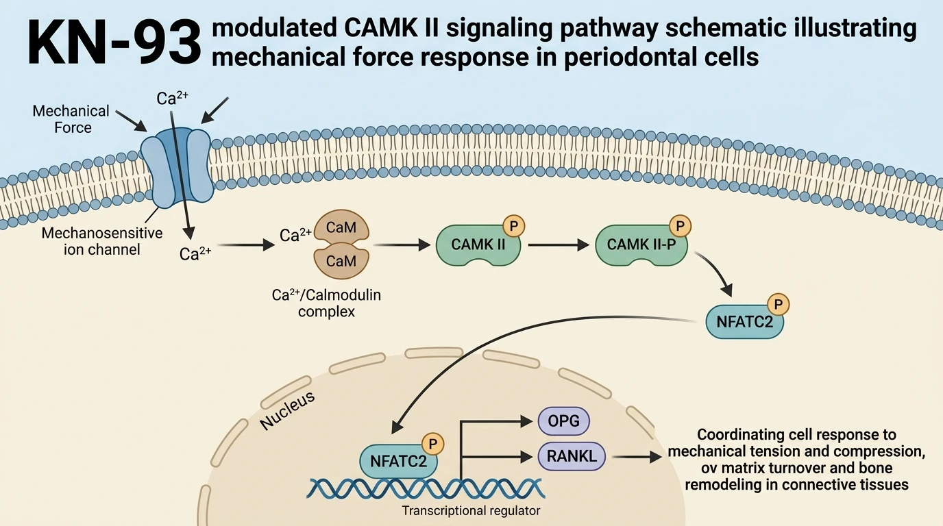 KN-93 modulated CAMK II signaling pathway schematic illustrating mechanical force response in periodontal cells