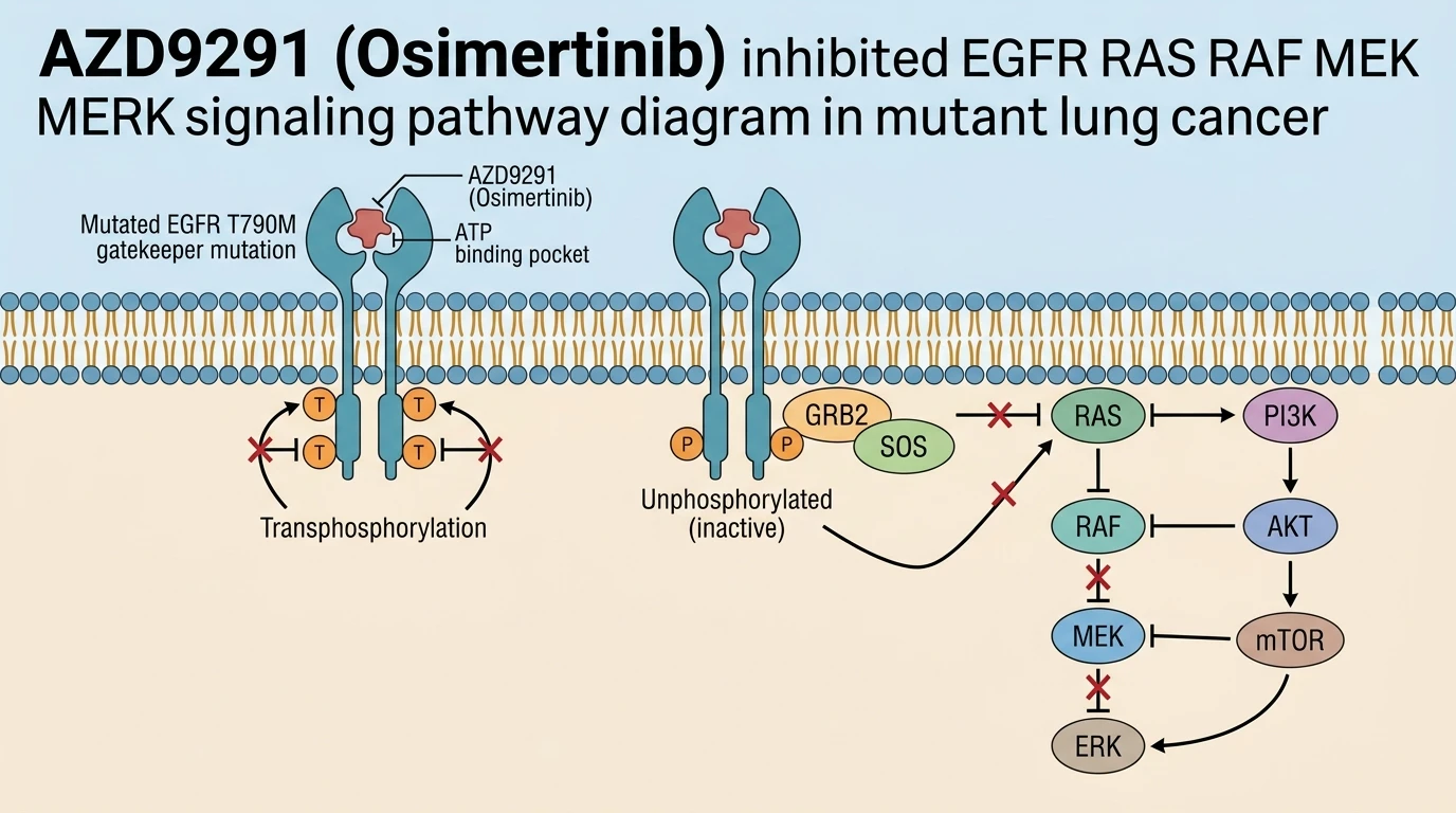 AZD9291 Osimertinib inhibited EGFR RAS RAF MEK ERK signaling pathway diagram in mutant lung cancer