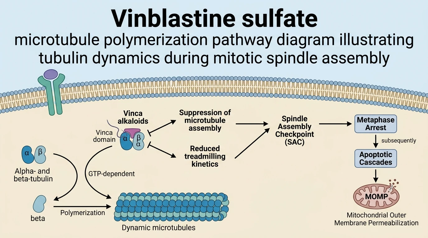 Vinblastine sulfate microtubule polymerization pathway diagram illustrating tubulin dynamics during mitotic spindle assembly