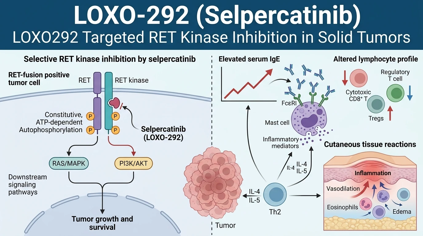Schematic diagram of RET receptor tyrosine kinase signaling pathway showing selective target inhibition in cancer cells