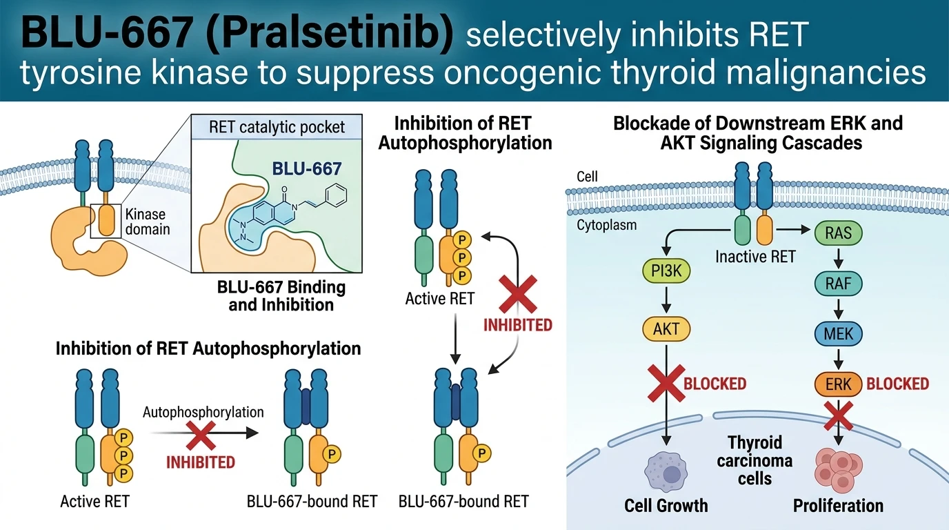 Schematic diagram of RET tyrosine kinase signaling pathway in thyroid cancer showing catalytic inhibition