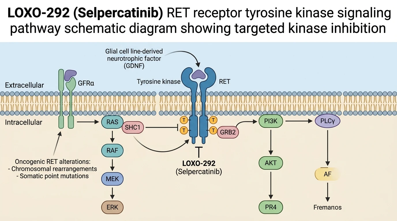 LOXO-292 Selpercatinib RET receptor tyrosine kinase signaling pathway schematic diagram showing targeted kinase inhibition