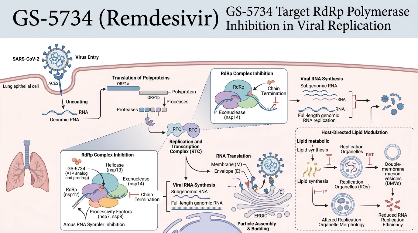 Schematic diagram of viral RNA replication pathway showing RdRp inhibition in SARS-CoV-2 infected Calu-3 cells