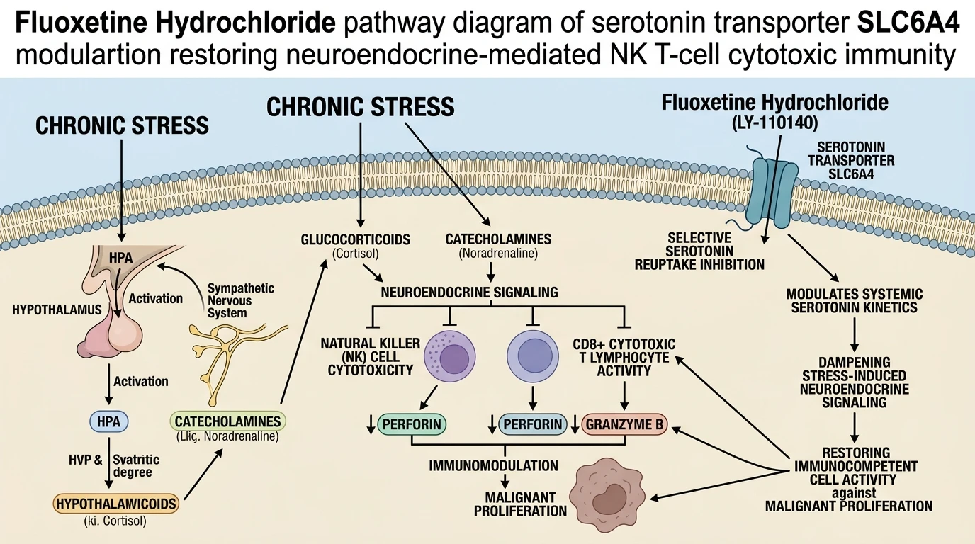 Fluoxetine Hydrochloride pathway diagram of serotonin transporter SLC6A4 modulation restoring neuroendocrine-mediated NK T-cell cytotoxic immunity