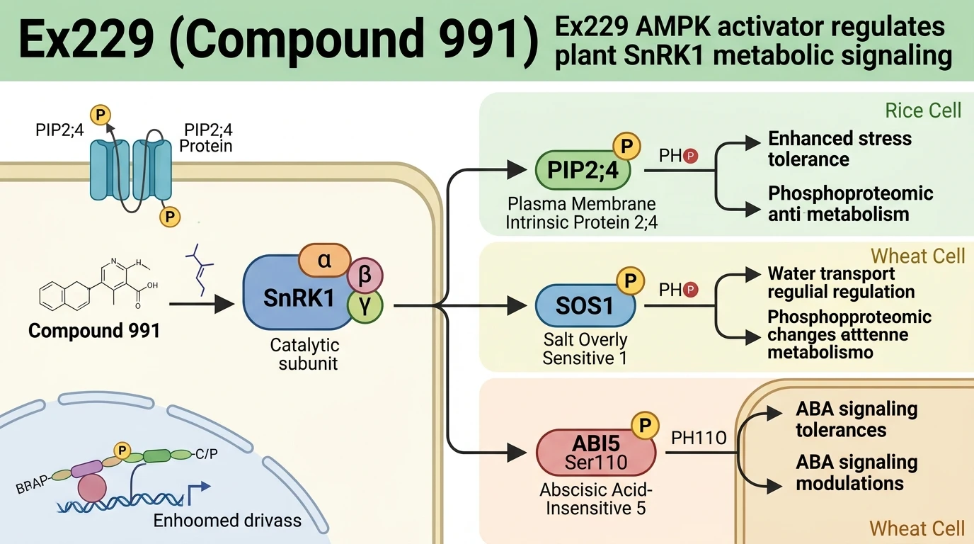 Schematic diagram of SnRK1 metabolic signaling pathway in plant cells illustrating target activation and seed growth