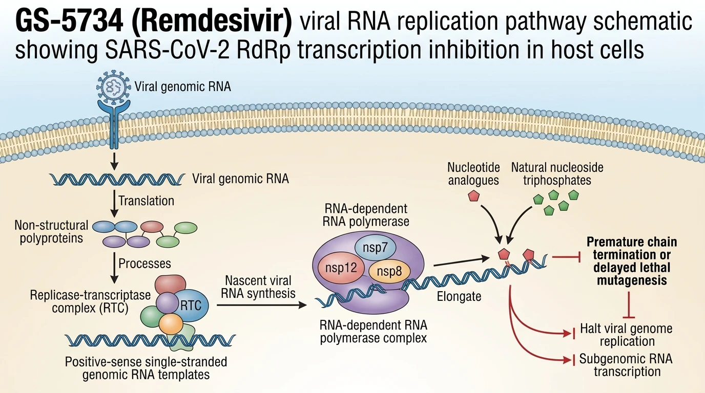 GS-5734 Remdesivir viral RNA replication pathway schematic showing SARS-CoV-2 RdRp transcription inhibition in host cells